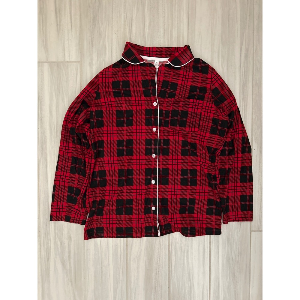 Red Black Plaid Pajama Top Button Down Long Sleeve Sleep Shirt Small